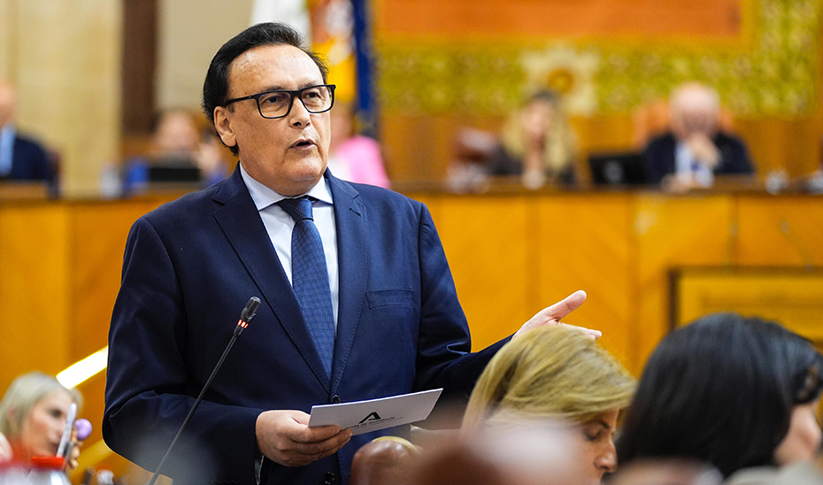 El consejero de Universidad, José Carlos Gómez Villamandos, en la sesión plenaria del Parlamento.
